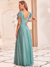 Load image into Gallery viewer, Color=Dusty blue | Double V Neck Lace Evening Dresses With Ruffle Sleeves-Dusty blue 7