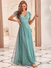 Load image into Gallery viewer, Color=Dusty blue | Double V Neck Lace Evening Dresses With Ruffle Sleeves-Dusty blue 8