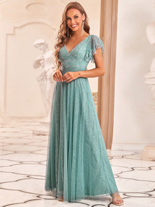 Color=Dusty blue | Double V Neck Lace Evening Dresses With Ruffle Sleeves-Dusty blue 9