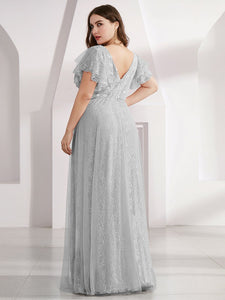 Color=Grey | Double V Neck Lace Evening Dresses With Ruffle Sleeves-Grey 7
