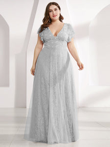 Color=Grey | Double V Neck Lace Evening Dresses With Ruffle Sleeves-Grey 8