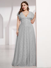 Load image into Gallery viewer, Color=Grey | Double V Neck Lace Evening Dresses With Ruffle Sleeves-Grey 9