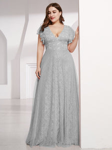 Color=Grey | Double V Neck Lace Evening Dresses With Ruffle Sleeves-Grey 9