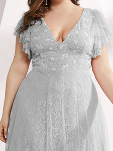 Color=Grey | Plus Size Double V Neck Lace Evening Dresses With Ruffle Sleeves-Grey 5