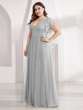 Load image into Gallery viewer, Color=Grey | Plus Size Double V Neck Lace Evening Dresses With Ruffle Sleeves-Grey 1
