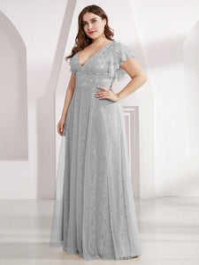Color=Grey | Double V Neck Lace Evening Dresses With Ruffle Sleeves-Grey 6