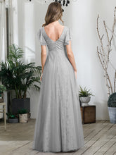Load image into Gallery viewer, Color=Grey | Double V Neck Lace Evening Dresses With Ruffle Sleeves-Grey 2