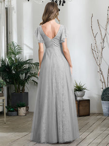 Color=Grey | Double V Neck Lace Evening Dresses With Ruffle Sleeves-Grey 2