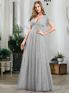 Color=Grey | Double V Neck Lace Evening Dresses With Ruffle Sleeves-Grey 3