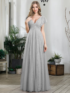 Color=Grey | Double V Neck Lace Evening Dresses With Ruffle Sleeves-Grey 4