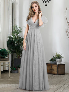 Color=Grey | Double V Neck Lace Evening Dresses With Ruffle Sleeves-Grey 1
