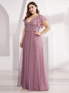 Color=Purple Orchid | Double V Neck Lace Evening Dresses With Ruffle Sleeves-Purple Orchid 13