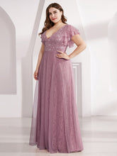 Load image into Gallery viewer, Color=Purple Orchid | Plus Size Double V Neck Lace Evening Dresses With Ruffle Sleeves-Purple Orchid 3