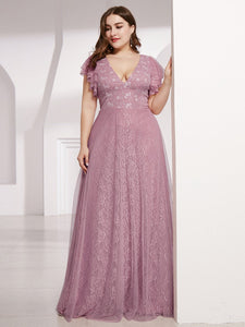 Color=Purple Orchid | Double V Neck Lace Evening Dresses With Ruffle Sleeves-Purple Orchid 14
