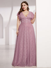 Load image into Gallery viewer, Color=Purple Orchid | Plus Size Double V Neck Lace Evening Dresses With Ruffle Sleeves-Purple Orchid 4