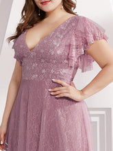 Load image into Gallery viewer, Color=Purple Orchid | Plus Size Double V Neck Lace Evening Dresses With Ruffle Sleeves-Purple Orchid 5