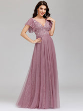 Load image into Gallery viewer, Color=Purple Orchid | Double V Neck Lace Evening Dresses With Ruffle Sleeves-Purple Orchid 9