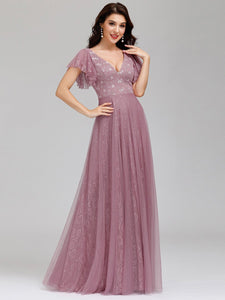 Color=Purple Orchid | Double V Neck Lace Evening Dresses With Ruffle Sleeves-Purple Orchid 9