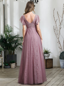 Color=Purple Orchid | Double V Neck Lace Evening Dresses With Ruffle Sleeves-Purple Orchid 2