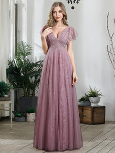 Color=Purple Orchid | Double V Neck Lace Evening Dresses With Ruffle Sleeves-Purple Orchid 3