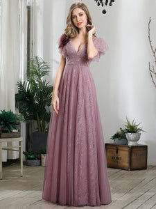 Color=Purple Orchid | Double V Neck Lace Evening Dresses With Ruffle Sleeves-Purple Orchid 4