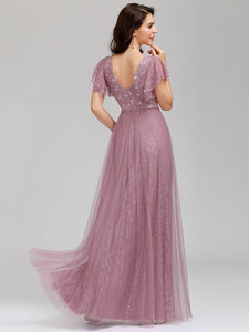Color=Purple Orchid | Double V Neck Lace Evening Dresses With Ruffle Sleeves-Purple Orchid 7