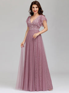 Color=Purple Orchid | Double V Neck Lace Evening Dresses With Ruffle Sleeves-Purple Orchid 8