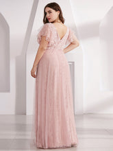 Load image into Gallery viewer, Color=Pink | Double V Neck Lace Evening Dresses With Ruffle Sleeves-Pink 2