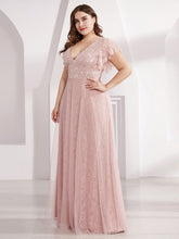Load image into Gallery viewer, Color=Pink | Double V Neck Lace Evening Dresses With Ruffle Sleeves-Pink 3