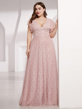 Load image into Gallery viewer, Color=Pink | Double V Neck Lace Evening Dresses With Ruffle Sleeves-Pink 4