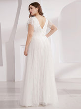 Load image into Gallery viewer, Color=White | Plus Size Double V Neck Lace Evening Dresses With Ruffle Sleeves-White 2