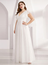 Load image into Gallery viewer, Color=White | Plus Size Double V Neck Lace Evening Dresses With Ruffle Sleeves-White 3