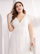 Load image into Gallery viewer, Color=White | Plus Size Double V Neck Lace Evening Dresses With Ruffle Sleeves-White 5