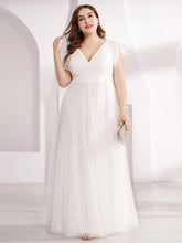Load image into Gallery viewer, Color=White | Plus Size Double V Neck Lace Evening Dresses With Ruffle Sleeves-White 1