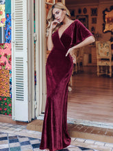 Load image into Gallery viewer, Color=Burgundy | Elegant Double V Neck Velvet Party Dress-Burgundy 1