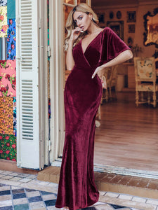 Color=Burgundy | Elegant Double V Neck Velvet Party Dress-Burgundy 1