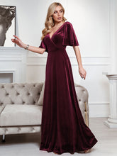 Load image into Gallery viewer, Color=Burgundy | Elegant Double V Neck Velvet Party Dress-Burgundy 3