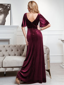 Color=Burgundy | Elegant Double V Neck Velvet Party Dress-Burgundy 2