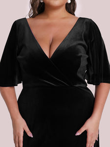 Color=Black | Elegant Double V Neck Velvet Party Dress-Black 5