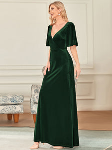 Color=Dark Green | Elegant Double V Neck Velvet Party Dress-Dark Green 3