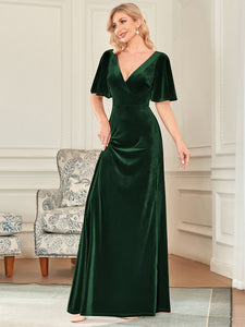 Color=Dark Green | Elegant Double V Neck Velvet Party Dress-Dark Green 4