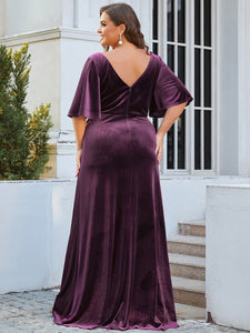 Color=Dark Purple | Elegant Double V Neck Velvet Party Dress-Dark Purple 2