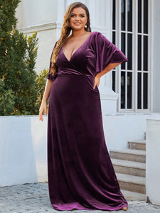 Color=Dark Purple | Elegant Double V Neck Velvet Party Dress-Dark Purple 3