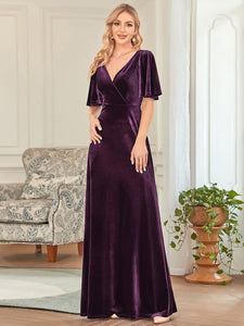 Color=Dark Purple | Elegant Double V Neck Velvet Party Dress-Dark Purple 4