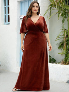 Color=Brick-red | Vintage Plus Size Floor Length Velvet Evening Dresses-Red 3