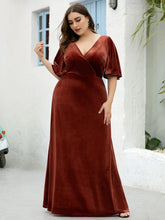 Load image into Gallery viewer, Color=Brick-red | Vintage Plus Size Floor Length Velvet Evening Dresses-Red 4