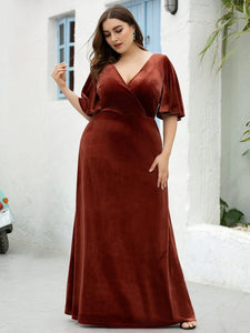 Color=Brick-red | Vintage Plus Size Floor Length Velvet Evening Dresses-Red 4