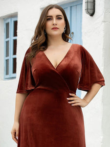 Color=Brick-red | Vintage Plus Size Floor Length Velvet Evening Dresses-Red 5