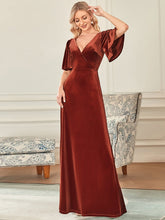 Load image into Gallery viewer, Color=Brick-red | Elegant Double V Neck Velvet Party Dress-Red 1