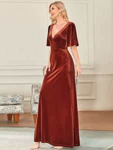 Color=Brick-red | Elegant Double V Neck Velvet Party Dress-Red 2